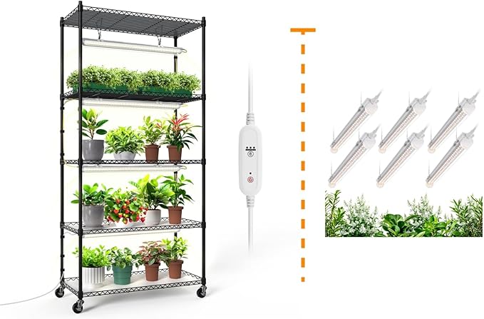 Bstrip Plant Shelf with Grow Lights 5-Tier Plant Stand 29.5x13.8x59IN + T8 Grow Light 1.4FT 108W (6 x 18W)