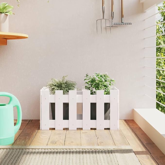 Wooden Garden Planter with Fence Design Outdoor Garden Raised Bed White 23.6x11.8x11.8 Solid Wood Pine-331