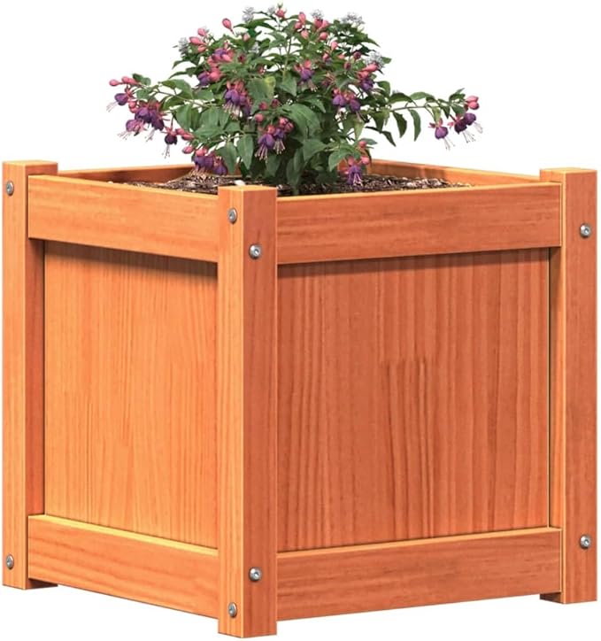 Set of 2 Square Raised Planter Box 15.7 inch Solid Pine Wood Wax Brown Outdoor Patio Flower Bed for Garden Balcony and Terrace