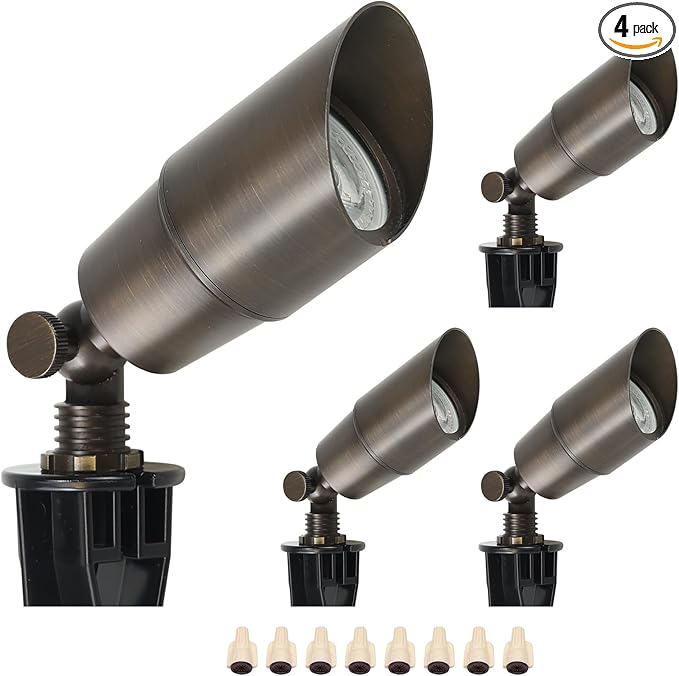 DOSHINE® Solid Brass Landscape LED Spotlights Outdoor Low Voltage Landscape Lighting AC/DC 12V Uplight Accent Light for Tree Garden Yard with Replaceable 5W 3000K Warm White 560LM MR16 Bulb (4-Pack)
