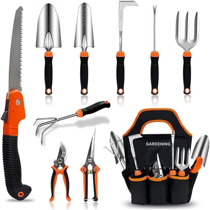 Garden Tool Set10 PCS Stainless Steel Heavy Duty Gardening Tool Set with Soft Rubberized Non-Slip Ergonomic Handle Storage Tote BagGardening Tool Set Gifts for Women and Men