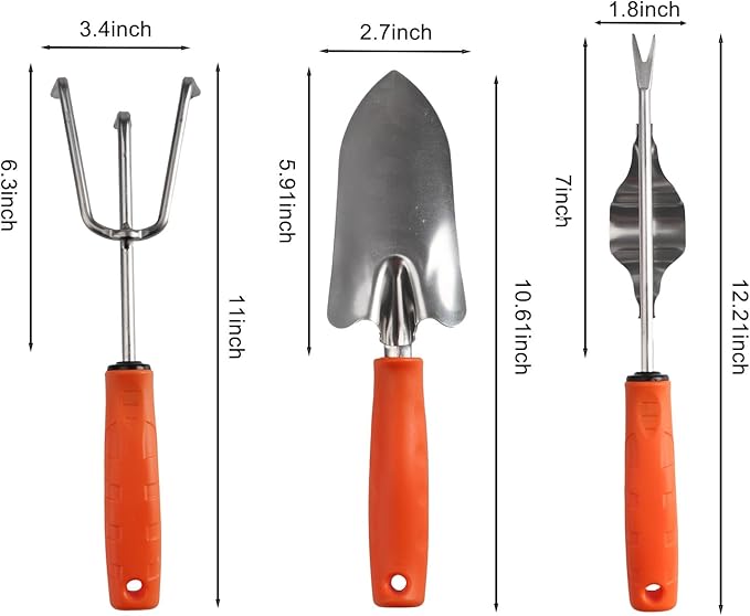 Garden Tool Set with Non-Slip Rubber Handle 3 Pack Stainless Steel Heavy Duty Gardening Tool Set Weed Puller Tool Includes Hand Weeder Transplants Trowel and Cultivator (Orange)