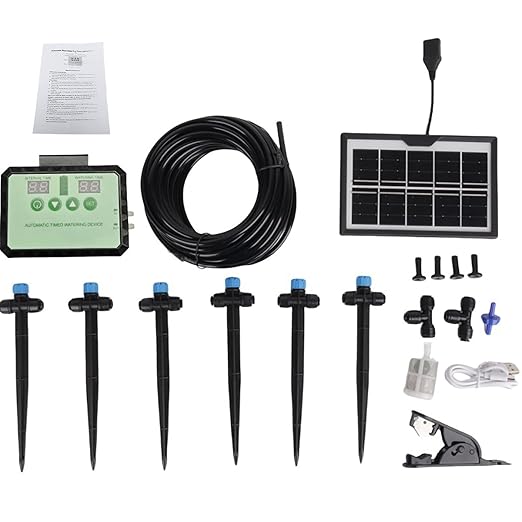 Fockety Drip Irrigation System Solar Automatic Drip Irrigation Kit with Timer Rainwater Collector and Adjustable Nozzle Automatic Watering System for Plants Indoor Outdoor (Black)