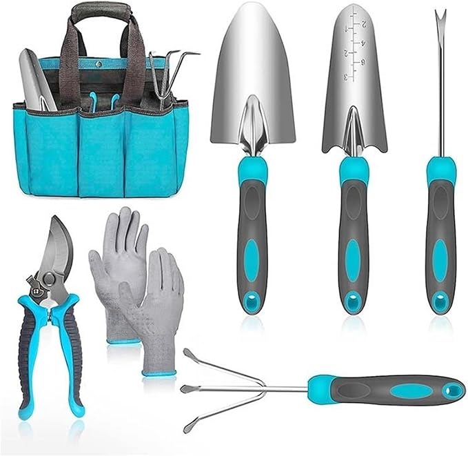 Garden Tool Set 7 Pieces Heavy Duty Stainless Steel Hand Tools with Storage Bag Gloves Large Shovel transplanting Spade Rooter Pruning Knife