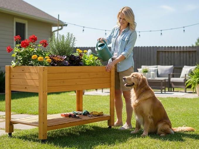 FORTUNO Raised Garden Bed with Wheels 48x24x33 Large Wood Planter Box with Legs Outdoor Mobile Wooden Elevated Raised Beds for Vegetable Flower Standing Gardening Box with Liner for Patio Deck