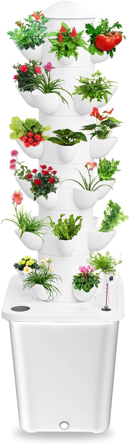 Hydroponic Growing System Kit Hydroponic Growing Tower with 10L Tank Fruits Vegetables Vertical Planter Tower Kit 6 Layers 30 Plants Indoor Hydroponics Growing System White