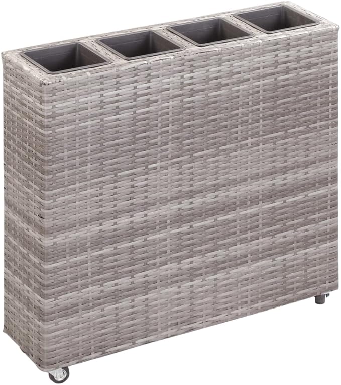 Gray Poly Rattan Raised Garden Bed 31.5x8.7x31.1 Inch Outdoor Planter Box for Patio Balcony Gardening with 4 Pots