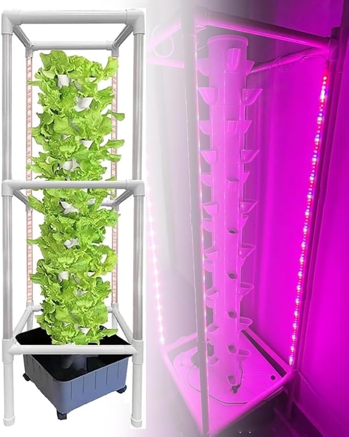 Hydroponic Growing 45 Holes Hydroponic Grow Kit with LED Grow Light Vertical Hydroponic Grow Tower for Your Home Indoor Gardening (A