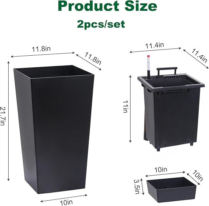 22 Tall Planter Set of 2 OutdoorIndoor Black Planter Pots High Front Porch Planter Pots with Drainage HolesWater Level MonitorInner Bucket Automatic Watering Black