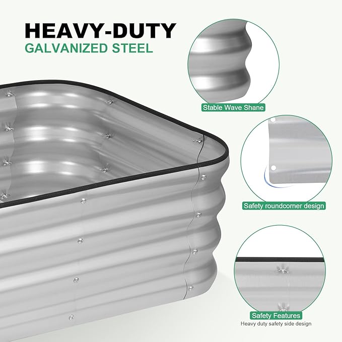 1MORE Raised Garden Bed -8X2X1 Galvanized Planter Box for Outdoor Gardening5 in 1 Modular Raised Bed Kit with Protective Tape Gloves for HerbIdeal for Vegetables and Plants.Sliver-2pack