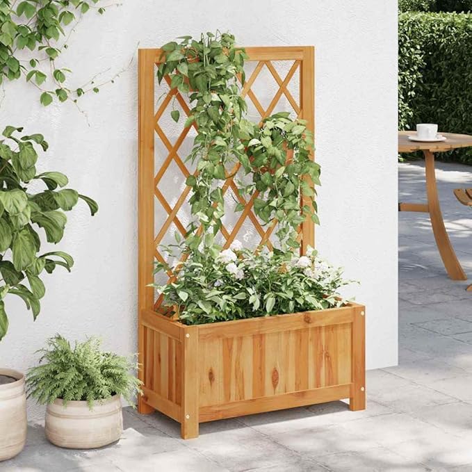 YAFF Solid Acacia Wood Garden Planter with Trellis Medium Size Rectangular Box for Climbing Plants UV Resistant Ideal for Balcony Patio and Indoor/Outdoor Gardens