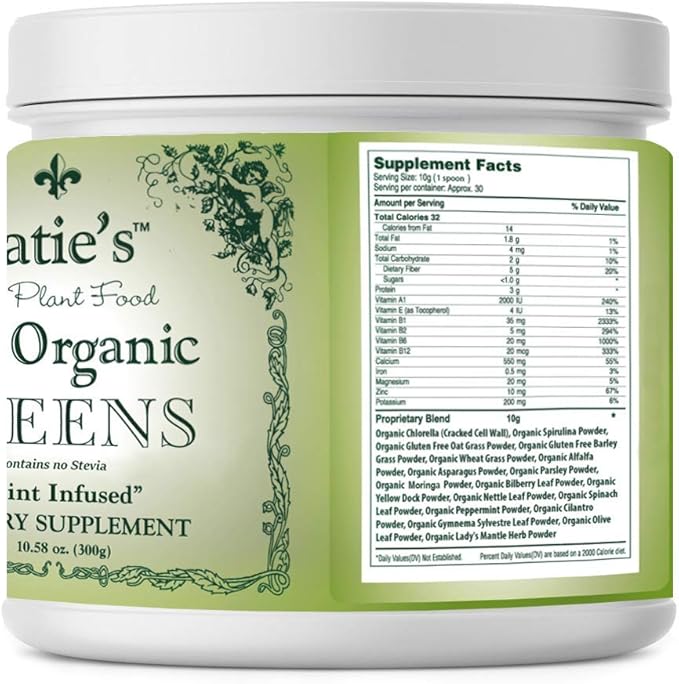 Catie's Whole Plant Food Just Organic Greens - Raw Food - Rich in Green Grasses Algae + Herbs. Blood Building. Nutrient Rich. Superfood Powder. 30 Day Supply.