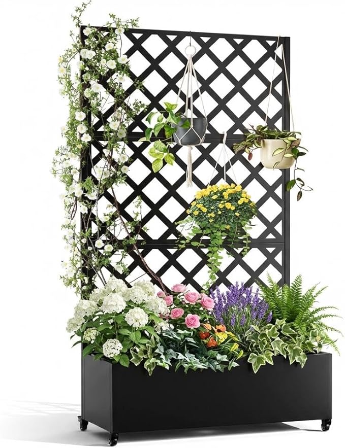 IDEALHOUSE Metal Planter Box with Trellis 72x47x15.7 Galvanized Raised Garden Bed on Wheels with Drainage Holes Outdoor Planter for Climbing Plants Vines &amp Privacy Screen Diamond Lattice