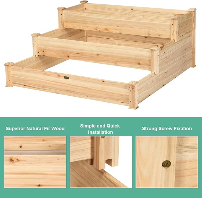 MAT EXPERT 3-Tier Raised Garden Bed 49 x 49 x 22 Fir Wood Elevated Planter Box Planting Box Kit for Growing Vegetable/Flower/Herb Plant Display Container Rack for Backyard/Lawn/Balcony