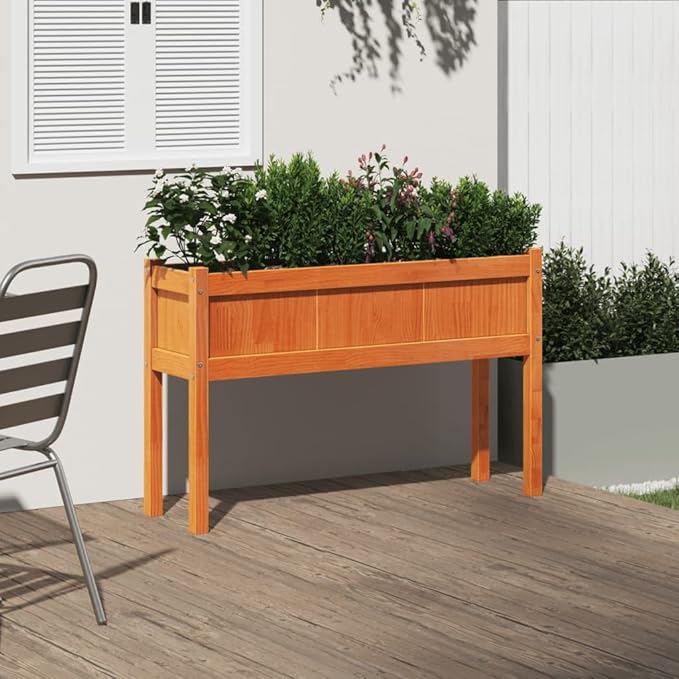 Garden Planter Wax Brown Solid Pine Wood 43.3 Outdoor Rectangular Raised Bed for Flowers Herbs Patio Balcony