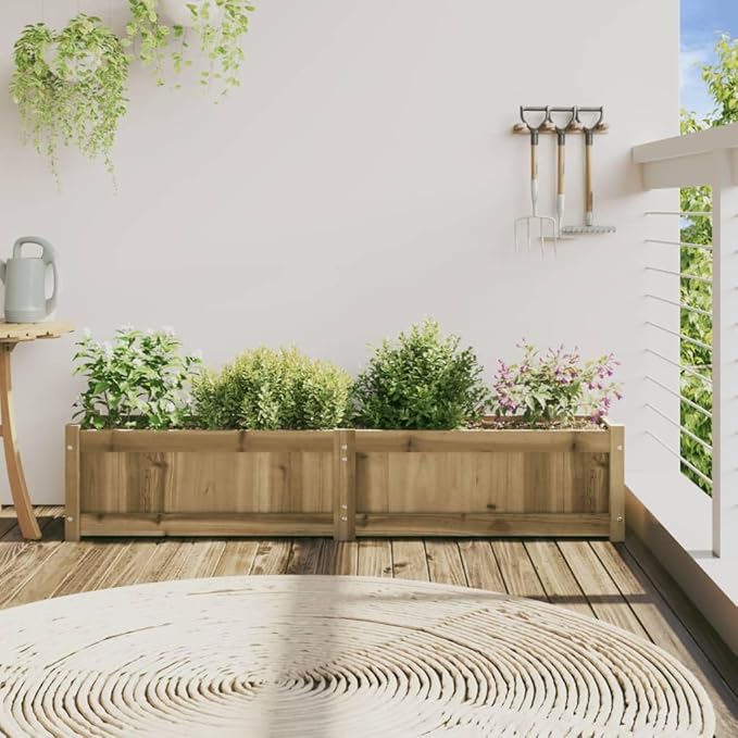 Rustic Pine Wood Garden Planter Treated Outdoor Raised Garden Bed 59.1 in Wide Rectangular Planter Box for Patio Balcony Herbs Flowers