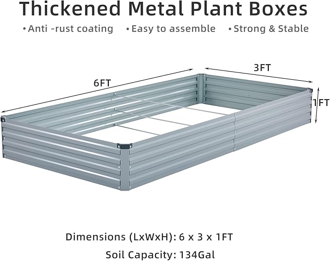 3 Pack 6x3x1FT Galvanized Raised Garden Bed Kit Outdoor Metal Planter Box for Vegetables Bottomless Rectangular Gardening Bed with Support Rods Tool-Free Assembly Gray