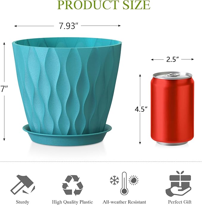 8 Inch Plant Pots with Saucers (4 Pack) - Modern Ribbed Flower Pots for Indoor Plants - Sturdy Decorative Planters for Snake Plant &amp Flowers - Drainage Holes (4 Blue)