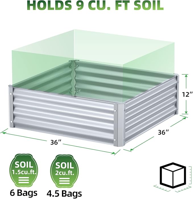 Highpro Raised Garden Beds 3×3×1ft Galvanized Metal Planter Boxes for Herbs Vegetables Flowers and Succulents Silver