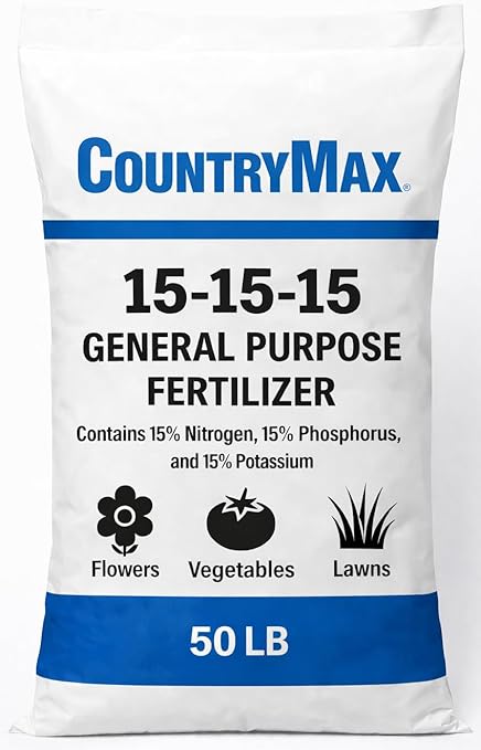 CountryMax 15-15-15 All Purpose Fertilizer 50 lb Bag Balanced Nutrition for Flowers &amp Vegetable Beds Raised Gardens Lawns &amp Grass Supports Soil Health and Consistent Growth