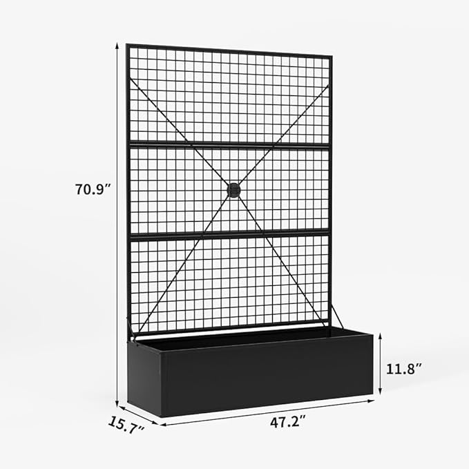 Metal Raised Garden Bed with Trellis and Privacy Screen 71×47.2×16 Planter Box with Drainage Holes for Climbing Plants Vegetables Vines Outdoor Sturdy Planter Box for Patio Backyard Black