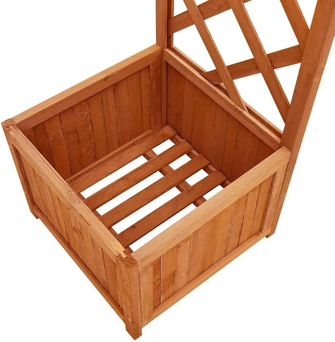 Wooden Garden Pergola with Planter Solid Firwood Planter with Trellis Outdoor Raised Garden Bed for Plants Hanging Flower Baskets Brwon-250