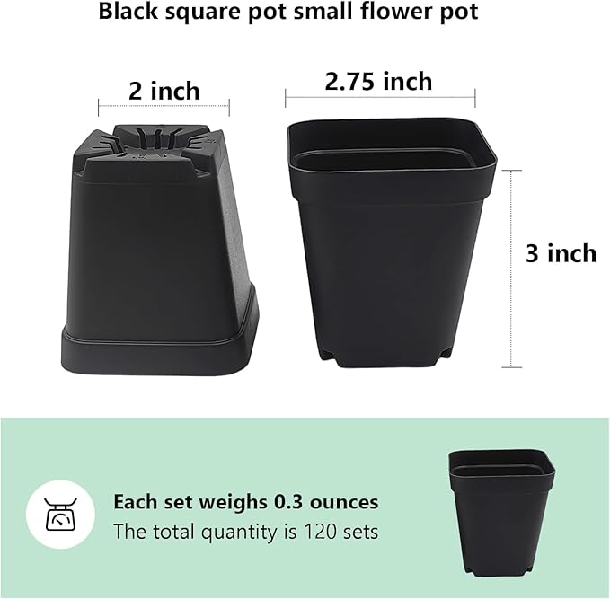 Square Nursery Pots 2.7 Inch Seed Starting Pot with Drainage Small Plastic Plant Pots Flower Planter (Black 1200pcs 2.7 1200P)