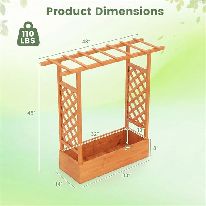 Fir Wood Raised Garden Bed with Side Trellis 109.22×35.56×114.30 cm Planter Box with Drainage Holes-Orange