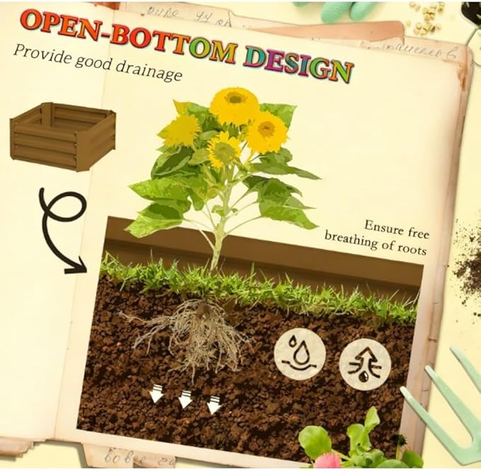 Heavy-Duty Galvanized Steel Raised Garden Bed with Built-in Trellis Support for Climbing Plants and Vegetables (Brown + Steel)