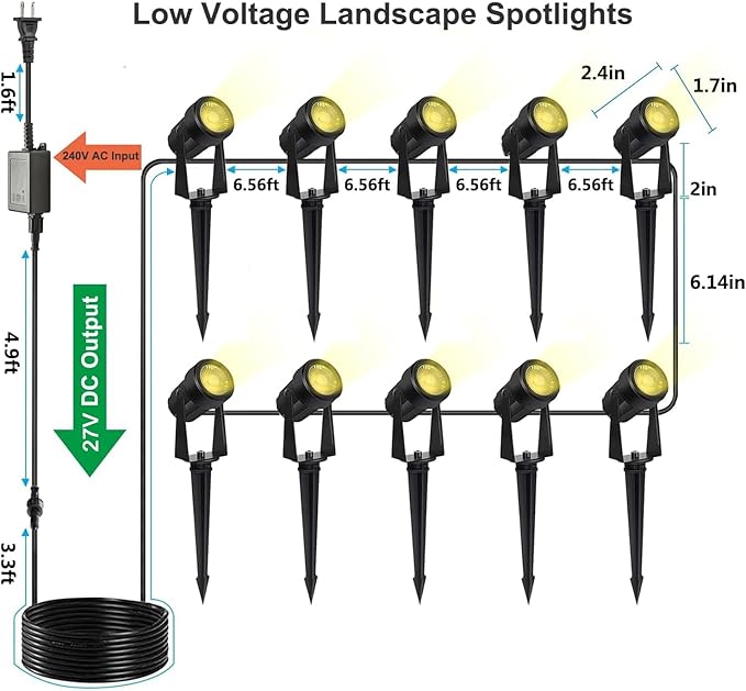 SUNTHIN 10 Pack Warm White Landscape Lighting with 2pcs 6.5FT Extension Cord for Outdoor Extend The Illumination Range