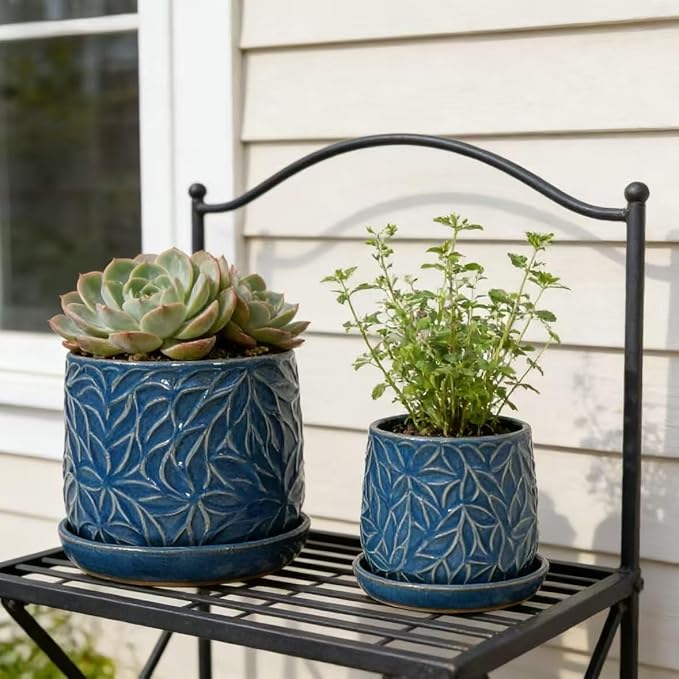 Handmade Ceramic Planter Set of 2 6 8 Diameter Deep Blue with Leaf Pattern for Succulents Herbs IndoorOutdoor Shelf Table Use Breathable Clay with Saucers