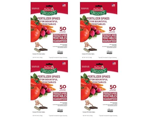 Jobe’s Organics Vegetable &amp Tomato Fertilizer Spikes 2-7-4 Time Release Fertilizer for All Vegetables Herbs and Tomato Plants 50 Spikes per Package (4 1 Pack)