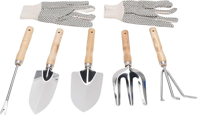 6 in 1 Garden Tools Set Stainless Steel Shovel Trowel Weed Puller Hand Rake Fork with Canvas Gloves for Planting Vegetables Flowers Potted Plants