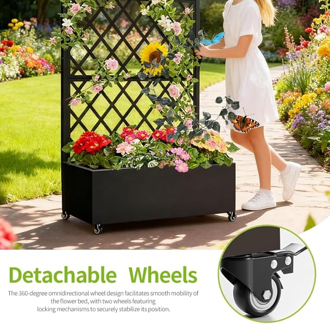 Metal Planter Box with Privacy Screen TrellisGalvanized Raised Garden Bed On Wheels for Climbing Plants Vines Standing Garden Flower Bed with Drainage Holes (Black 35 L x16 W x 55 H)
