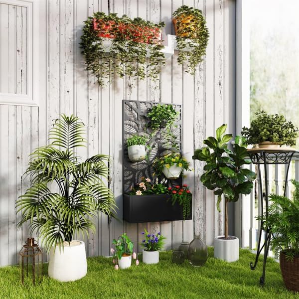 Metal Raised Garden Bed with Trellis Galvanized Planter Metal Planter Box with Trellis 24 L x 9.1 W x 44.5 H (Leaves)