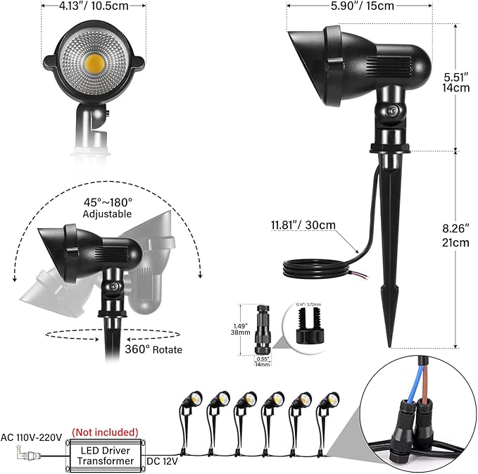LED Landscape Light6-Pack 12V Low Voltage Garden LightingCOB 7W Outdoor Spotlight IP65 WaterproofLandscape Flood Lighting for Yard Lawn