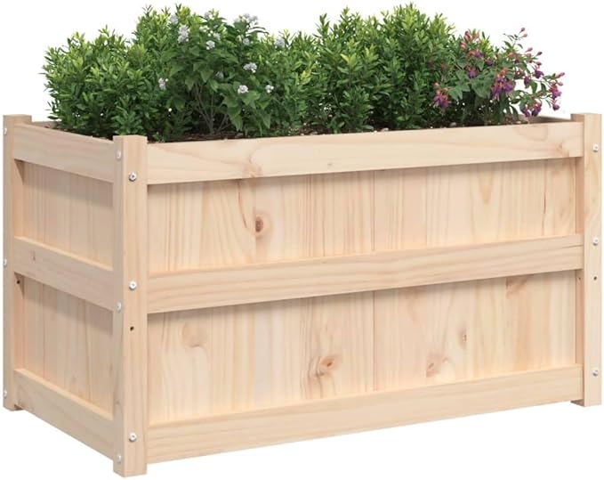 Garden Planter Set of 2 Natural Wood Color Solid Pine Rectangular Raised Garden Bed Outdoor Planters for Flowers Herbs Vegetables