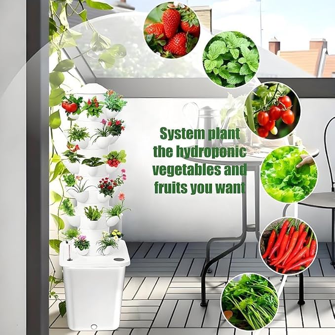 Vertical Hydroponic Tower Garden Growing System - Indoor Planter Kit with 30 Pods Aeroponic-Style Tower for Herbs Vegetables Lettuce &amp Strawberries Home Countertop Grow System White