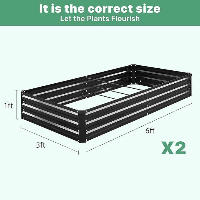 2 Pack 6×3×1ft Galvanized Metal Raised Garden Bed Metal Planter Kit Box Outdoor for Deep-Rooted Vegetables Flowers Green and Herbs