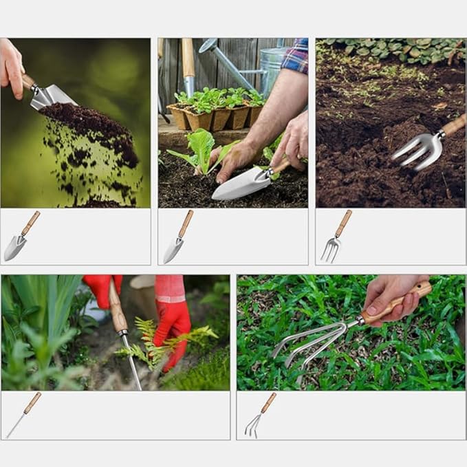 Home Garden Tool Set 5 Piece Gardening Tools Stainless Steel Gardening Kit with Wooden Handle Garden Shovel Cultivate Garden Rakes Garden Shovel For Excavation Growing Measurement Transplanting
