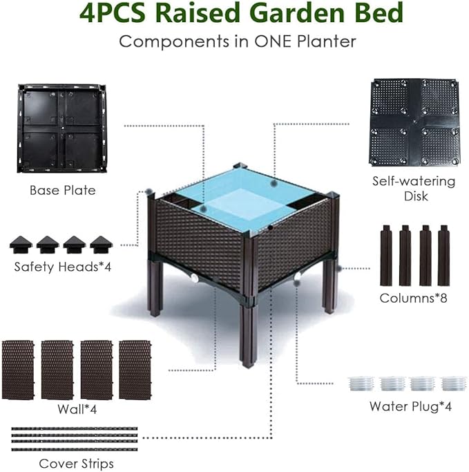 LDAILY LUARANE Raised Garden Bed Kit Outdoor Plastic Planter Box Set of 4 Elevated Garden Beds with Brackets Suitable for Garden Patio Balcony Dining Room