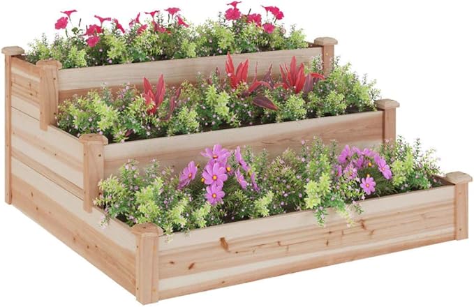 Wooden Garden Raised Bed with Stair-Step Design 3 Tier Wooden Raised Garden Bed Outdoor Elevated Flower Planter Box Outdoor Planting Container Natural 47.2x47.2x22 Solid Wood Fir
