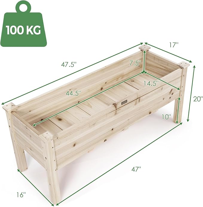 COSTWAY Raised Garden Bed Elevated Fir Wood Planter Box for Vegetables Herbs &amp Flowers – 47.5” x 17” x 20” for Backyard Patio &amp Balcony