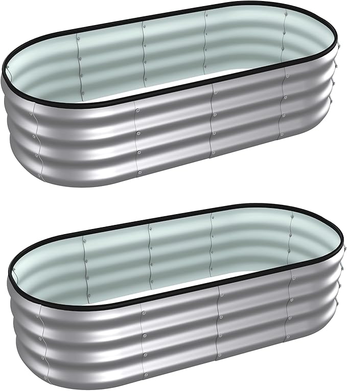 4x2x1 ft Oval Galvanized Metal Raised Garden Beds Thickened Rust-Proof Flower Beds Outdoor Plant Planter Boxes(Silver 2PCS)