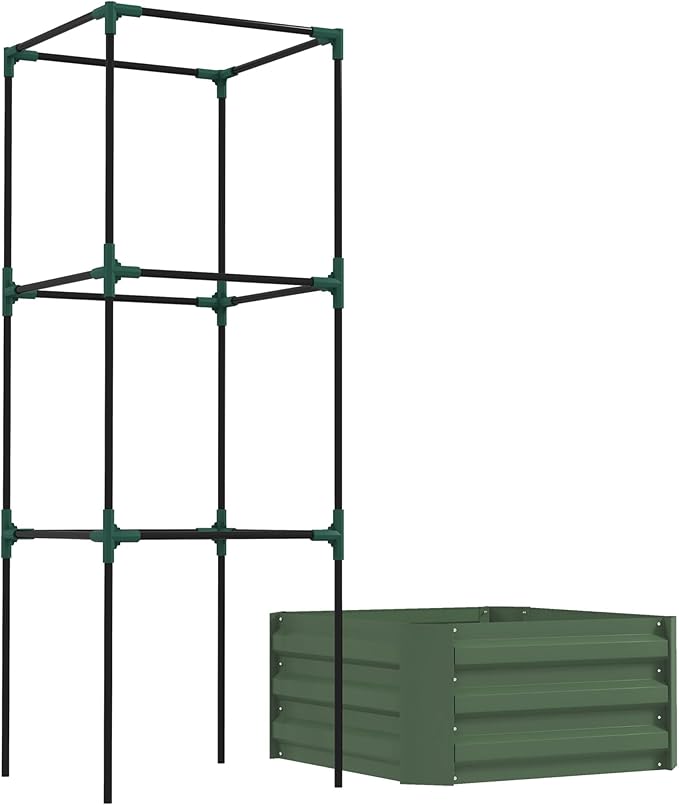 Outsunny Galvanized Raised Garden Bed 55 Tall Outdoor Planter Box with Trellis Tomato Cage and Open Bottom for Climbing Vines Vegetables Flowers in Backyard Garden Patio Green