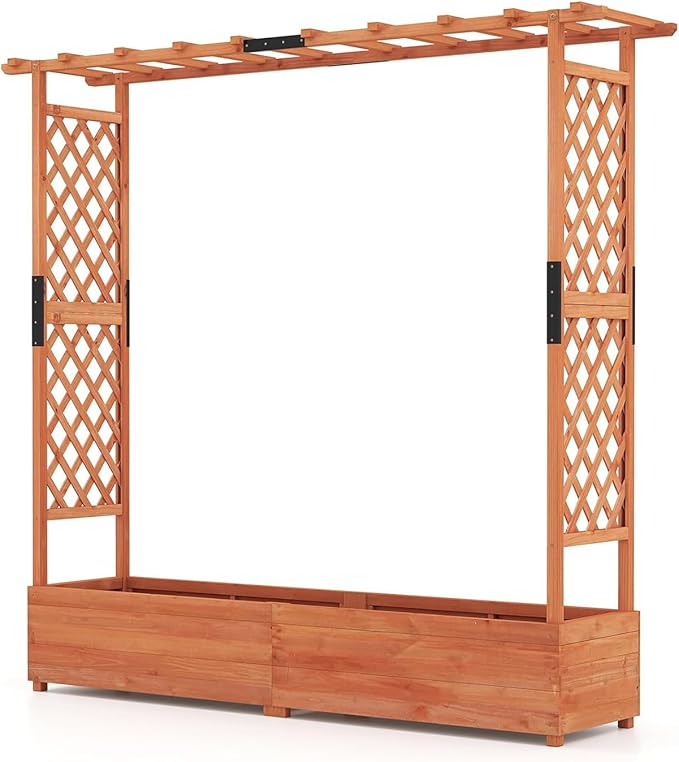 BECOMFORT Raised Garden Bed with Trellis &amp Hanging Roof 72 Tall Fir Wood Planter Box with Drainage Holes Outdoor Elevated Garden Planter for Climbing Vines (Orange 77 Lx17 Wx72 H)