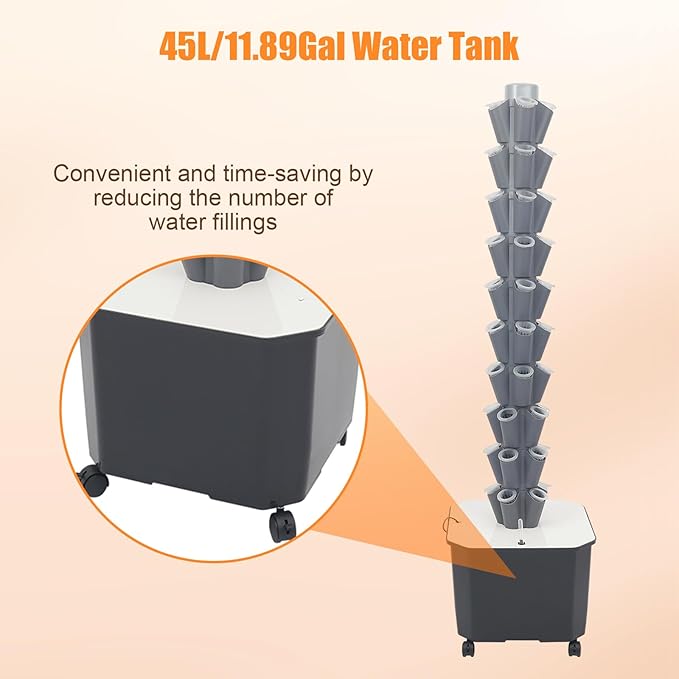 Hydroponic Growing System Kit Aeroponic Tower 50 Hole Garden Vertical Vegetable Planting System with Pump&ampTimer and Mobile 11.89Gal Water Tank (Grey)