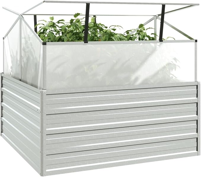 Garden Raised Bed with GreenhousePlanter Boxes Raised Garden Beds for Flowers Herbs and Fruits for Terraces and Patios 39.4X39.4X33.5 Silver