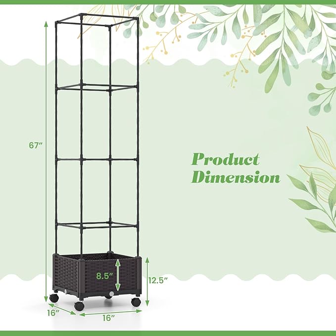 S AFSTAR Raised Garden Bed with Tomato Cage 67 Planter Box W/Trellis &amp Lockable Wheels Free Height Combination Self-Watering Plastic Garden Box Plant Container for Climbing Plants Vegetable (2)