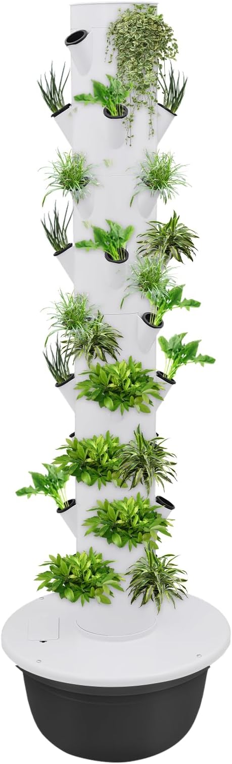 36 Plant Spots Indoor Hydroponic Growing Tower System - 9-Tier Vertical Garden Kit with Auto Circulation Pump 7.93 Gallon Water Tank for Herbs Vegetables Home Decor (White and Black)